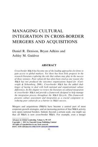 Managing Cultural Integration in Cross-Border Mergers and Acquisitions ...