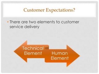 Customer Expectations?

• There are two elements to customer
  service delivery




       Technical
        Element      Human
                     Element
 
