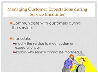 Managing Customer Expectations during
          Service Encounter

Communicate with customers during
 the service.

If possible,
  modify the service to meet customer
   expectations or
  explain why service cannot be modified.
 