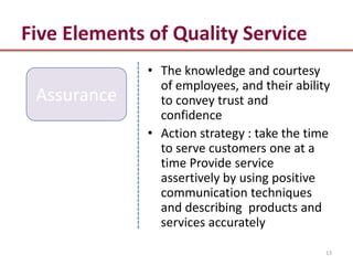 Five Elements of Quality Service
              • The knowledge and courtesy
                of employees, and their ability
 Assurance      to convey trust and
                confidence
              • Action strategy : take the time
                to serve customers one at a
                time Provide service
                assertively by using positive
                communication techniques
                and describing products and
                services accurately

                                              13
 