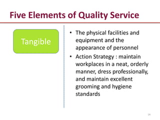 Five Elements of Quality Service
              • The physical facilities and
  Tangible      equipment and the
                appearance of personnel
              • Action Strategy : maintain
                workplaces in a neat, orderly
                manner, dress professionally,
                and maintain excellent
                grooming and hygiene
                standards


                                            14
 