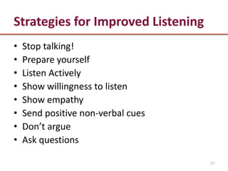 Strategies for Improved Listening
•   Stop talking!
•   Prepare yourself
•   Listen Actively
•   Show willingness to listen
•   Show empathy
•   Send positive non-verbal cues
•   Don’t argue
•   Ask questions

                                    37
 