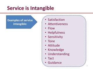 Service is Intangible

Examples of service   •   Satisfaction
    intangible:       •   Attentiveness
                      •   Flow
                      •   Helpfulness
                      •   Sensitivity
                      •   Tone
                      •   Attitude
                      •   Knowledge
                      •   Understanding
                      •   Tact
                      •   Guidance
                                          7
 