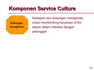 Komponen Service Culture
            Kesiapan dan dukungan manajemen
Dukungan    untuk membimbing karyawan di lini
manajemen   depan dalam interaksi dengan
            pelanggan




                                                21
 