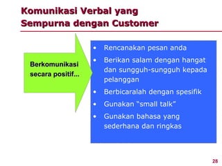 Komunikasi Verbal yang
Sempurna dengan Customer

                     •   Rencanakan pesan anda
                     •   Berikan salam dengan hangat
 Berkomunikasi
                         dan sungguh-sungguh kepada
 secara positif...
                         pelanggan
                     •   Berbicaralah dengan spesifik
                     •   Gunakan “small talk”
                     •   Gunakan bahasa yang
                         sederhana dan ringkas




                                                        28
 