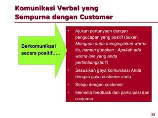 Komunikasi Verbal yang
Sempurna dengan Customer

                     •   Ajukan pertanyaan dengan
                         pengucapan yang positif (bukan,
                         Mengapa anda menginginkan warna
 Berkomunikasi
                         itu, namun gunakan : Apakah ada
 secara positif…..
                         warna lain yang anda
                         pertimbangkan?)
                     •   Sesuaikan gaya komunikasi Anda
                         dengan gaya customer anda
                     •   Setuju dengan customer
                     •   Meminta feedback dan partisipasi dari
                         customer


                                                                 29
 