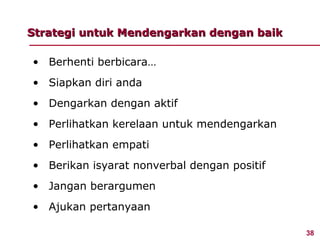 Strategi untuk Mendengarkan dengan baik

• Berhenti berbicara…
• Siapkan diri anda
• Dengarkan dengan aktif
• Perlihatkan kerelaan untuk mendengarkan
• Perlihatkan empati
• Berikan isyarat nonverbal dengan positif
• Jangan berargumen
• Ajukan pertanyaan

                                             38
 