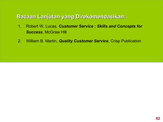 Bacaan Lanjutan yang Direkomendasikan:
1.   Robert W. Lucas, Customer Service : Skills and Concepts for
     Success, McGraw Hill

2.   William B. Martin, Quality Customer Service, Crisp Publication




                                                                      62
 