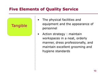 13
www.studyMarketing.org
Five Elements of Quality Service
Tangible
• The physical facilities and
equipment and the appear...
