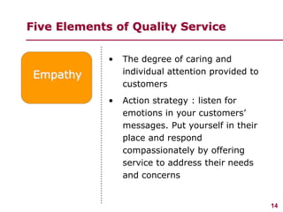 14
www.studyMarketing.org
Five Elements of Quality Service
Empathy
• The degree of caring and
individual attention provide...