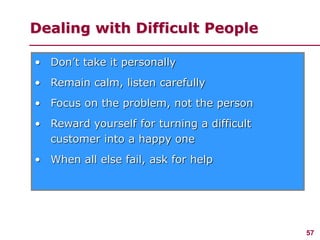 57
www.studyMarketing.org
Dealing with Difficult People
• Don’t take it personally
• Remain calm, listen carefully
• Focus...