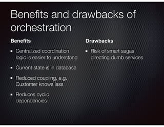 Beneﬁts and drawbacks of
orchestration
Beneﬁts
Centralized coordination
logic is easier to understand
Current state is in ...