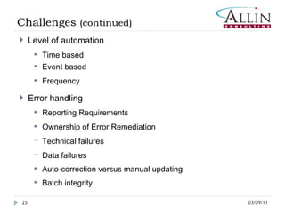 03/09/11 Level of automation Time based Event based Frequency Error handling Reporting Requirements Ownership of Error Remediation Technical failures Data failures Auto-correction versus manual updating Batch integrity Challenges  (continued) 