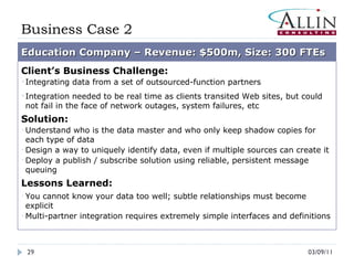 03/09/11 03/09/11 Business Case 2 Education Company – Revenue: $500m, Size: 300 FTEs Client’s Business Challenge: Integrating data from a set of outsourced-function partners Integration needed to be real time as clients transited Web sites, but could not fail in the face of network outages, system failures, etc Solution: Understand who is the data master and who only keep shadow copies for each type of data Design a way to uniquely identify data, even if multiple sources can create it Deploy a publish / subscribe solution using reliable, persistent message queuing Lessons Learned: You cannot know your data too well; subtle relationships must become explicit Multi-partner integration requires extremely simple interfaces and definitions 