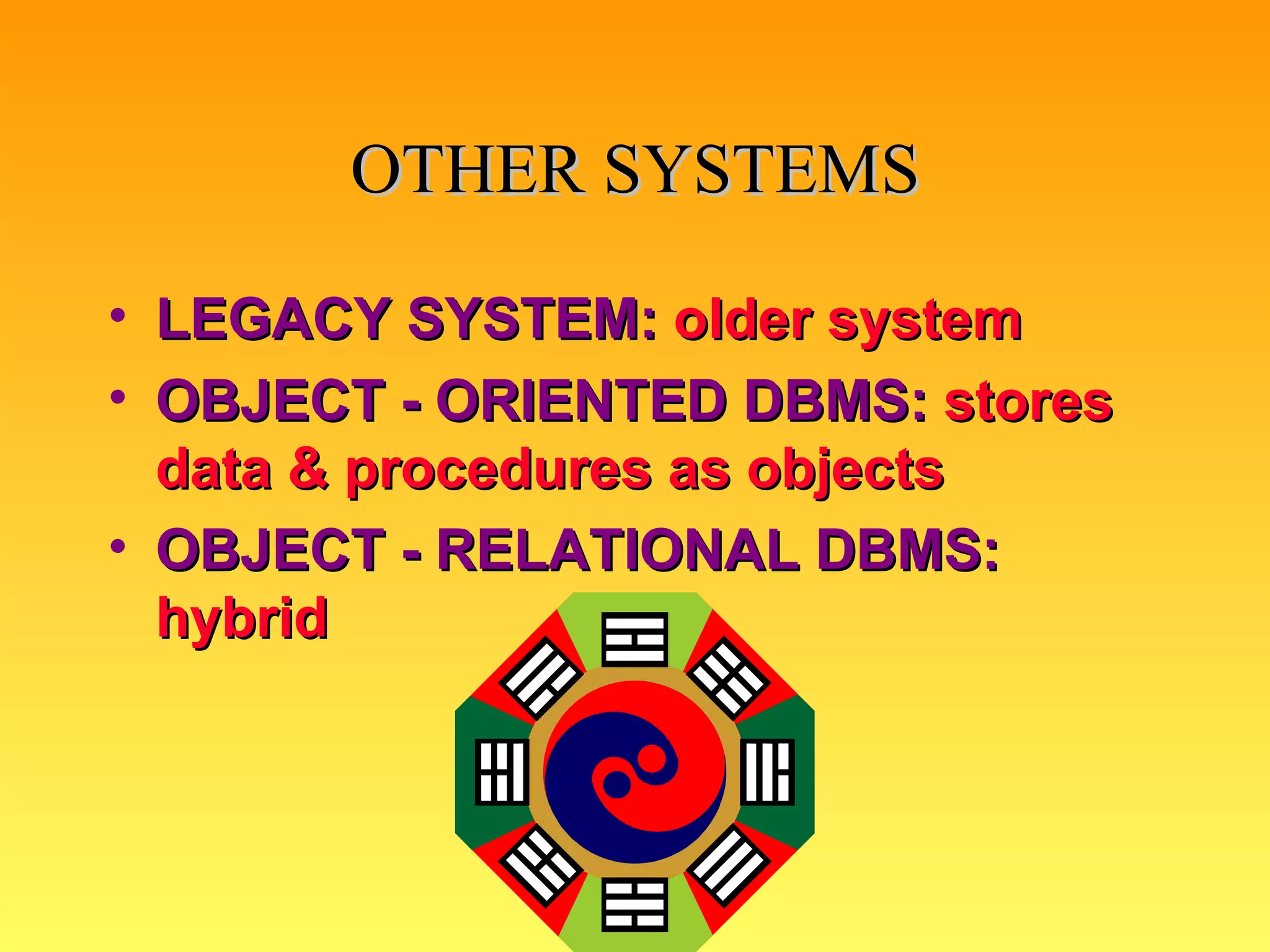 OTHER SYSTEMS LEGACY SYSTEM:  older system OBJECT - ORIENTED DBMS:  stores data & procedures as objects OBJECT - RELATIONAL DBMS:  hybrid * 
