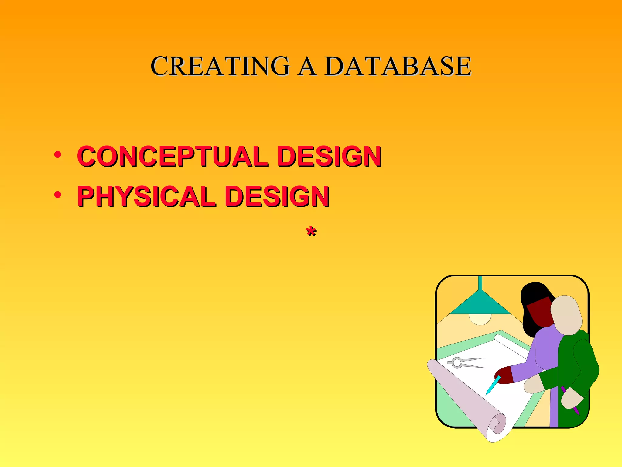 CREATING A DATABASE CONCEPTUAL DESIGN PHYSICAL DESIGN * 