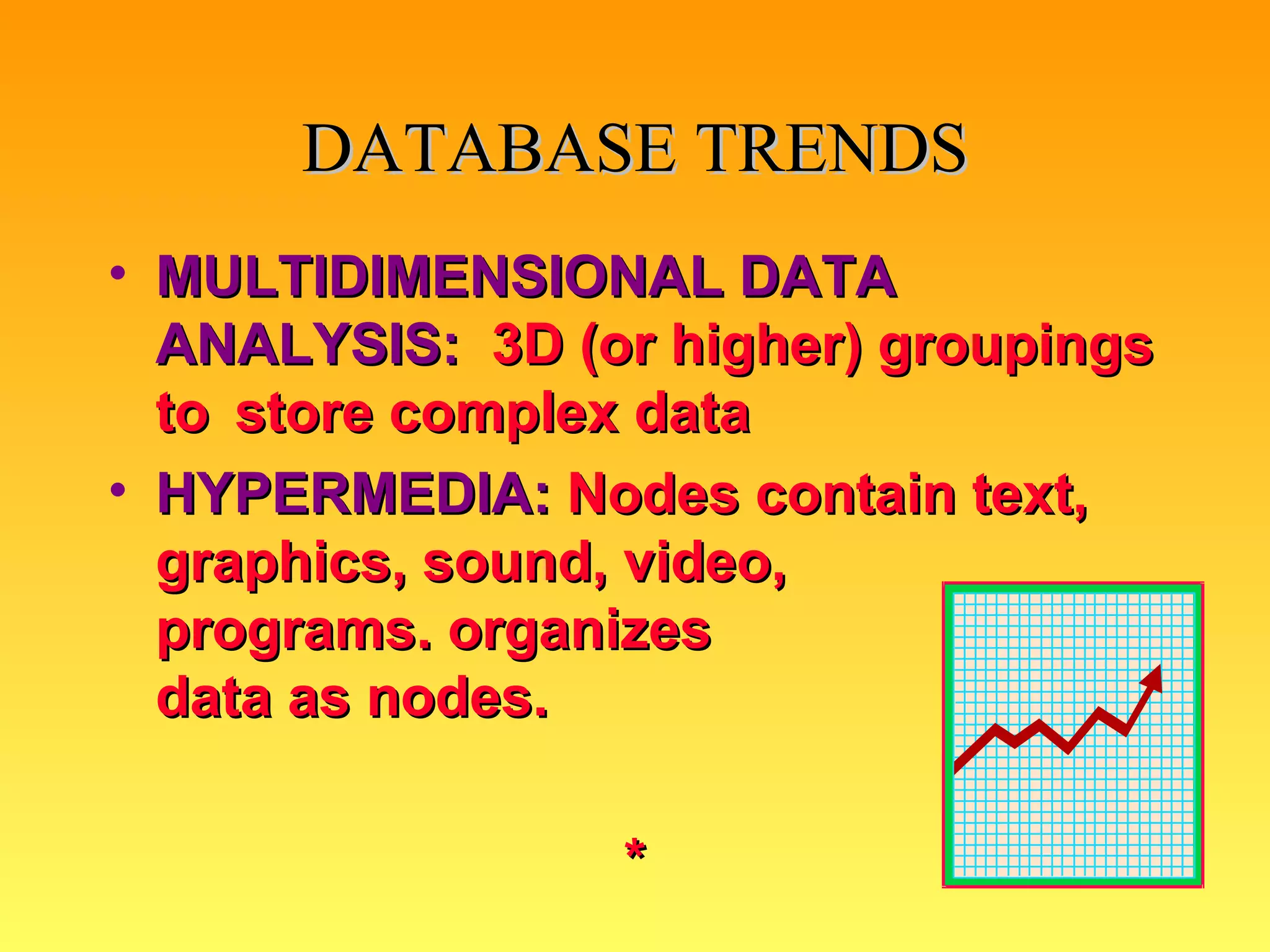 DATABASE TRENDS MULTIDIMENSIONAL DATA ANALYSIS:   3D (or higher) groupings to  store complex data HYPERMEDIA:   Nodes contain text, graphics, sound, video,  programs. organizes  data as nodes. * 