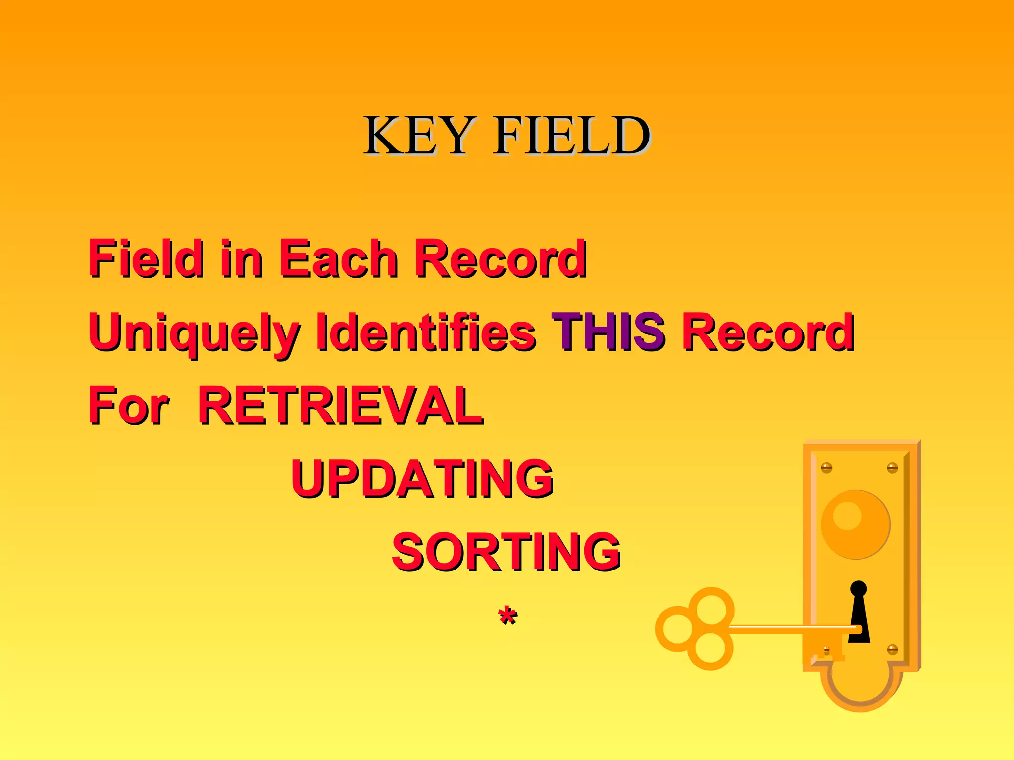 KEY FIELD Field in Each Record Uniquely Identifies  THIS  Record For  RETRIEVAL   UPDATING SORTING * 