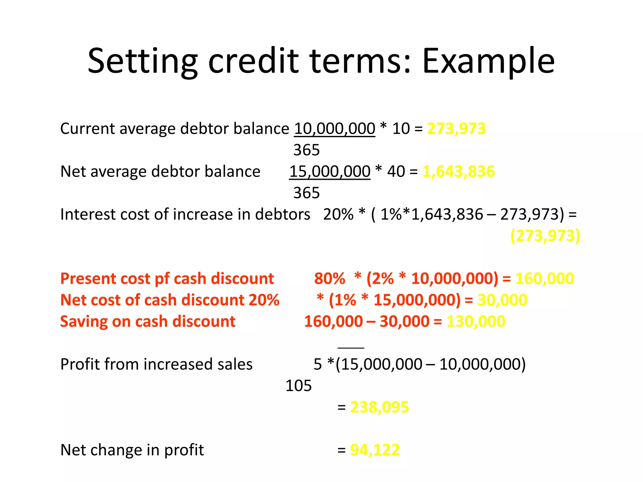 Setting credit terms: Example
Current average debtor balance 10,000,000 * 10 = 273,973
                                 365
Net average debtor balance       15,000,000 * 40 = 1,643,836
                                 365
Interest cost of increase in debtors 20% * ( 1%*1,643,836 – 273,973) =
                                                             (273,973)

Present cost pf cash discount      80% * (2% * 10,000,000) = 160,000
Net cost of cash discount 20%      * (1% * 15,000,000) = 30,000
Saving on cash discount           160,000 – 30,000 = 130,000

Profit from increased sales           5 *(15,000,000 – 10,000,000)
                                105
                                         = 238,095

Net change in profit                     = 94,122
 
