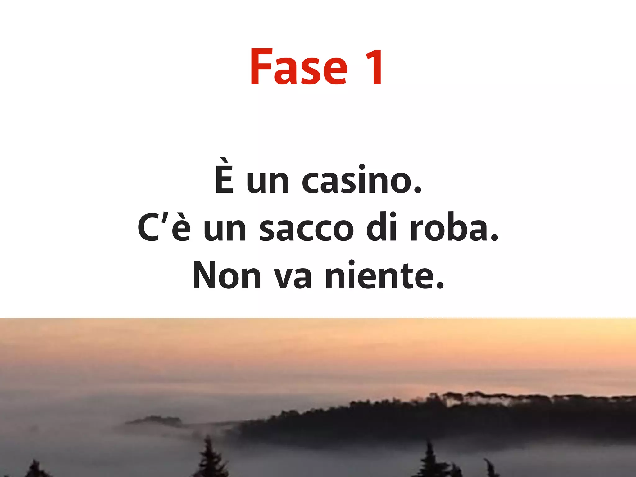 Fase 1 
È un casino. 
C’è un sacco di roba. 
Non va niente. 
 