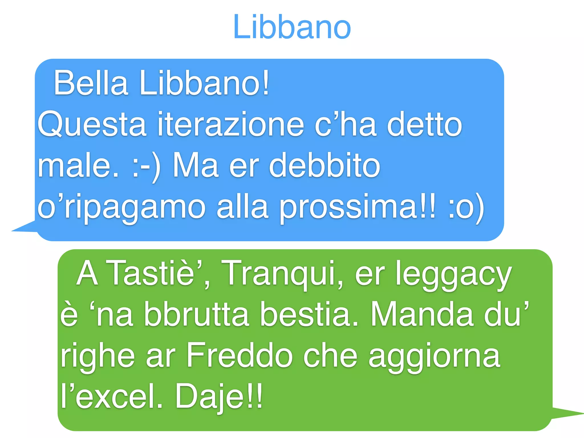 Libbano 
Bella Libbano! 
Questa iterazione c’ha detto 
male. :-) Ma er debbito 
o’ripagamo alla prossima!! :o) 
A Tastiè’, Tranqui, er leggacy 
è ‘na bbrutta bestia. Manda du’ 
righe ar Freddo che aggiorna 
l’excel. Daje!! 
 