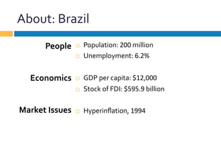 About:	
  Brazil	
  
¨  Population:	
  200	
  million	
  
¨  Unemployment:	
  6.2%	
  
¨  GDP	
  per	
  capita:	
  $12,000	
  
¨  Stock	
  of	
  FDI:	
  $595.9	
  billion	
  
¨  Hyperinﬂation,	
  1994	
  
People	
  
	
  
	
  
Economics	
  
	
  
	
  
Market	
  Issues	
  
 