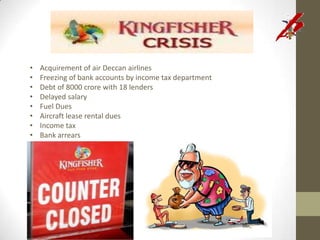 •   Acquirement of air Deccan airlines
•   Freezing of bank accounts by income tax department
•   Debt of 8000 crore with 18 lenders
•   Delayed salary
•   Fuel Dues
•   Aircraft lease rental dues
•   Income tax
•   Bank arrears
 