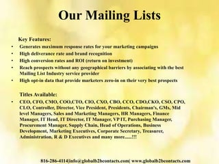 Our Mailing Lists
Key Features:
• Generates maximum response rates for your marketing campaigns
• High deliverance rate and brand recognition
• High conversion rates and ROI (return on investment)
• Reach prospects without any geographical barriers by associating with the best
Mailing List Industry service provider
• High opt-in data that provide marketers zero-in on their very best prospects
Titles Available:
• CEO, CFO, CMO, COO,CTO, CIO, CXO, CBO, CCO, CDO,CKO, CSO, CPO,
CLO, Controller, Director, Vice President, Presidents, Chairman's, GMs, Mid
level Managers, Sales and Marketing Managers, HR Managers, Finance
Manager, IT Head, IT Director, IT Manager, VP IT, Purchasing Manager,
Procurement Manager, Supply Chain, Head of Operations, Business
Development, Marketing Executives, Corporate Secretary, Treasurer,
Administration, R & D Executives and many more......!!!
816-286-4114|info@globalb2bcontacts.com| www.globalb2bcontacts.com
 
