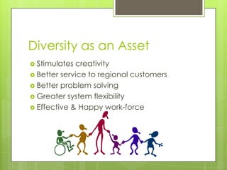 Diversity as an Asset
 Stimulates creativity
 Better service to regional customers
 Better problem solving
 Greater system flexibility
 Effective & Happy work-force
 