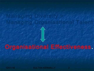 12/01/18 SULTAN KERMALLY 2
Managing Diversity =
Managing Organisational Talent
Organisational Effectiveness.
 
