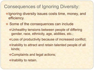 Consequences of Ignoring Diversity:
Ignoring diversity issues costs time, money, and
efficiency.
 Some of the consequences can include
Unhealthy tensions between people of differing
gender, race, ethnicity, age, abilities, etc.;
Loss of productivity because of increased conflict;
Inability to attract and retain talented people of all
kinds;
Complaints and legal actions;
Inability to retain.
 