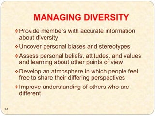 MANAGING DIVERSITY
5-8
Provide members with accurate information
about diversity
Uncover personal biases and stereotypes
Assess personal beliefs, attitudes, and values
and learning about other points of view
Develop an atmosphere in which people feel
free to share their differing perspectives
Improve understanding of others who are
different
 