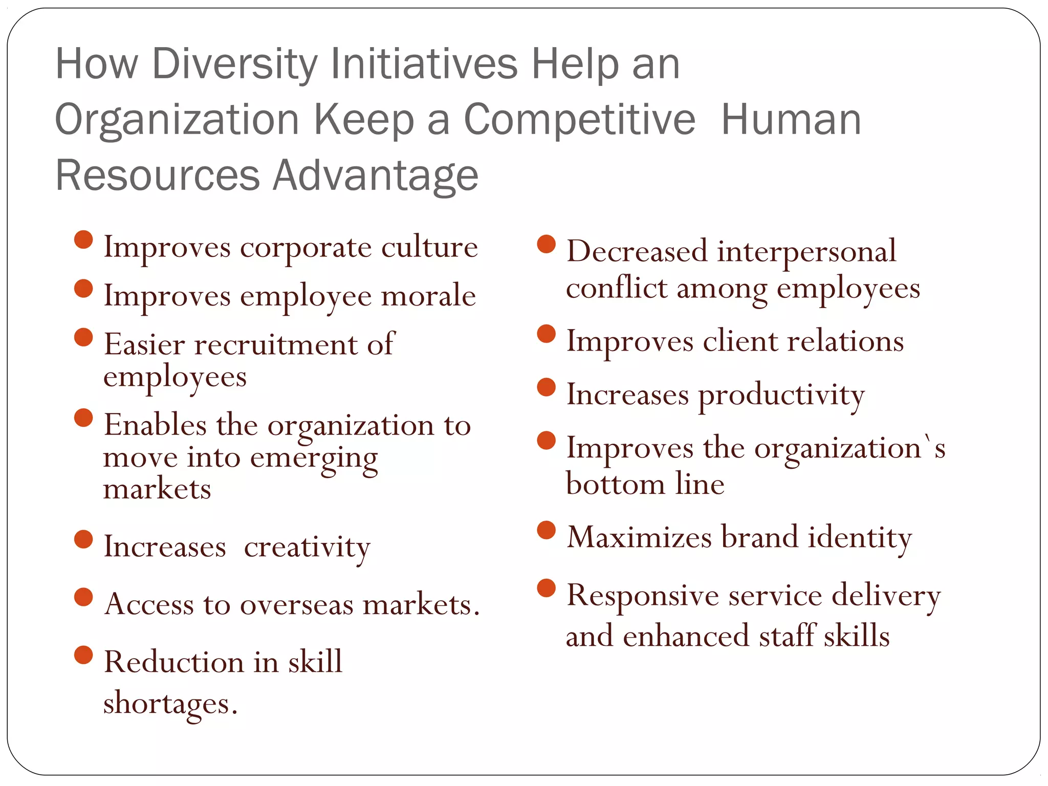 How Diversity Initiatives Help an
Organization Keep a Competitive Human
Resources Advantage
Improves corporate culture
Improves employee morale
Easier recruitment of
employees
Enables the organization to
move into emerging
markets
Increases creativity
Access to overseas markets.
Reduction in skill
shortages.
Decreased interpersonal
conflict among employees
Improves client relations
Increases productivity
Improves the organization`s
bottom line
Maximizes brand identity
Responsive service delivery
and enhanced staff skills
 