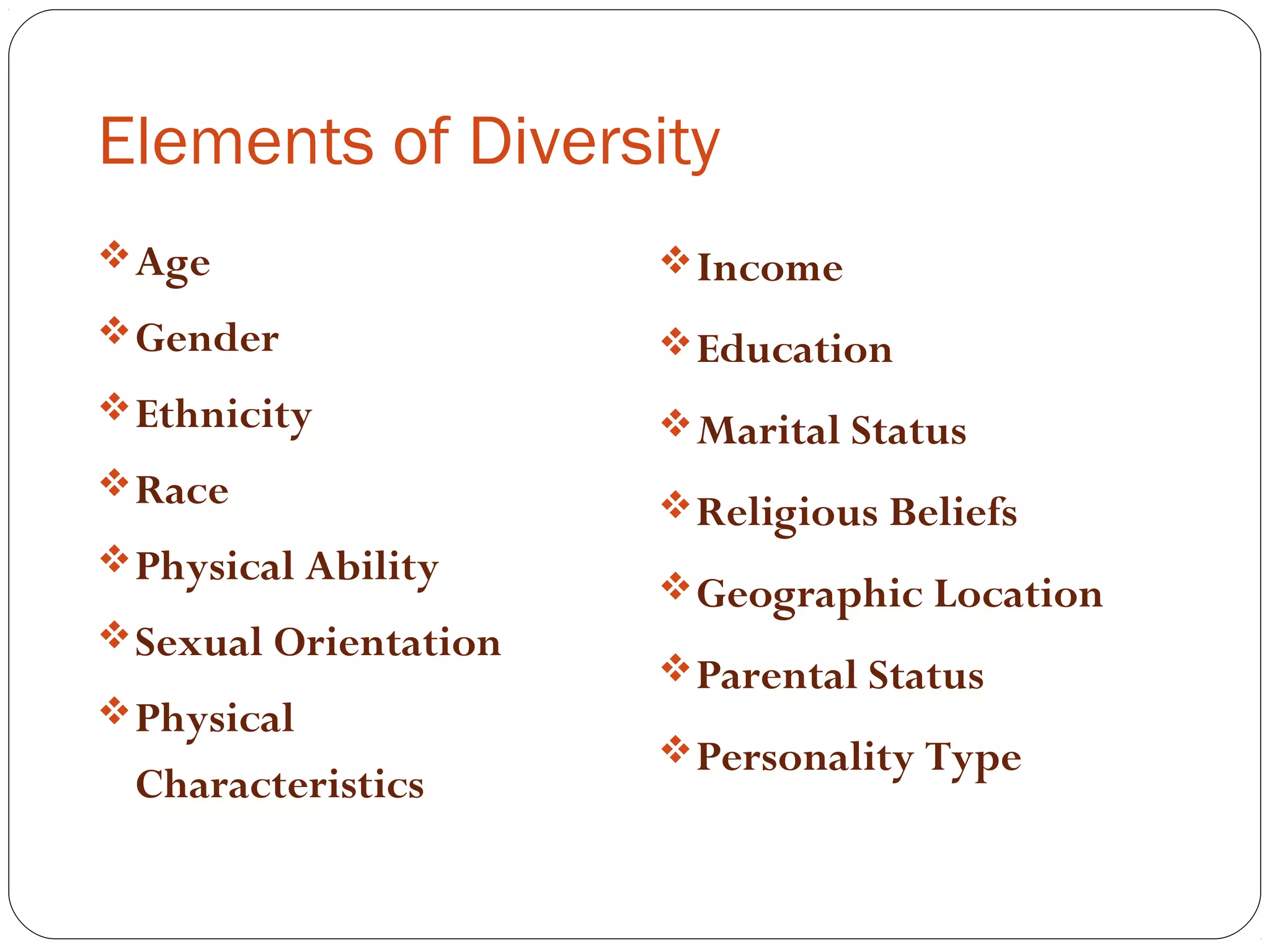 Elements of Diversity
Age
Gender
Ethnicity
Race
Physical Ability
Sexual Orientation
Physical
Characteristics
Income
Education
Marital Status
Religious Beliefs
Geographic Location
Parental Status
Personality Type
 