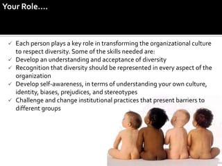Your Role….



    Each person plays a key role in transforming the organizational culture
     to respect diversity. Some of the skills needed are:
    Develop an understanding and acceptance of diversity
    Recognition that diversity should be represented in every aspect of the
     organization
    Develop self-awareness, in terms of understanding your own culture,
     identity, biases, prejudices, and stereotypes
    Challenge and change institutional practices that present barriers to
     different groups
 