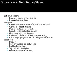 Latin American:
   • Business based on friendship
   • Relaxed atmosphere
European:
   • Belgian—conservative, efficient, impersonal
   • German—direct, factual
   • Dutch—little room for debate
   • French—intellectual approach
   • Greek—government contacts
   • Italian—confident, shrewd, competent
   • British—proper; neither imposing nor offensive
Japanese:
   • Indirect
   • Rely on trusted go-betweens
   • Build relationships
   • Try various strategies
   • Honor oral commitments
 