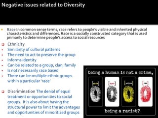    Race In common sense terms, race refers to people’s visible and inherited physical
    characteristics and differences. Race is a socially constructed category that is used
    primarily to determine people’s access to social resources
   Ethnicity
•   Similarity of cultural patterns
•   The need to act to preserve the group
•   Informs identity
•   Can be related to a group, clan, family
•   Is not necessarily race based
•   There can be multiple ethnic groups
    within a particular ‘race’

   Discrimination The denial of equal
    treatment or opportunities to social
    groups. It is also about having the
    structural power to limit the advantages
    and opportunities of minoritized groups
 