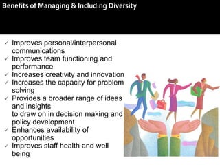 Benefits of Managing & Including Diversity




 Improves personal/interpersonal
  communications
 Improves team functioning and
  performance
 Increases creativity and innovation
 Increases the capacity for problem
  solving
 Provides a broader range of ideas
  and insights
  to draw on in decision making and
  policy development
 Enhances availability of
  opportunities
 Improves staff health and well
  being
 