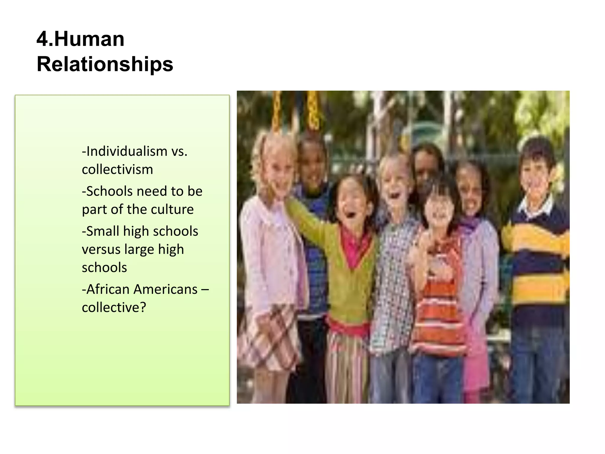 4.Human
Relationships
-Individualism vs.
collectivism
-Schools need to be
part of the culture
-Small high schools
versus large high
schools
-African Americans –
collective?
 