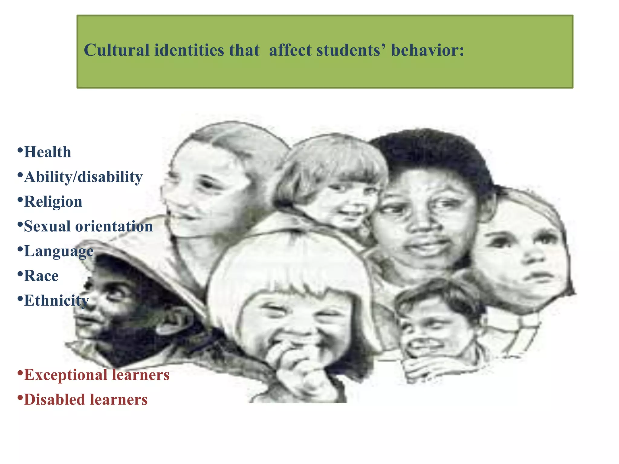 Cultural identities that affect students’ behavior:
•Health
•Ability/disability
•Religion
•Sexual orientation
•Language
•Race
•Ethnicity
•Exceptional learners
•Disabled learners
 