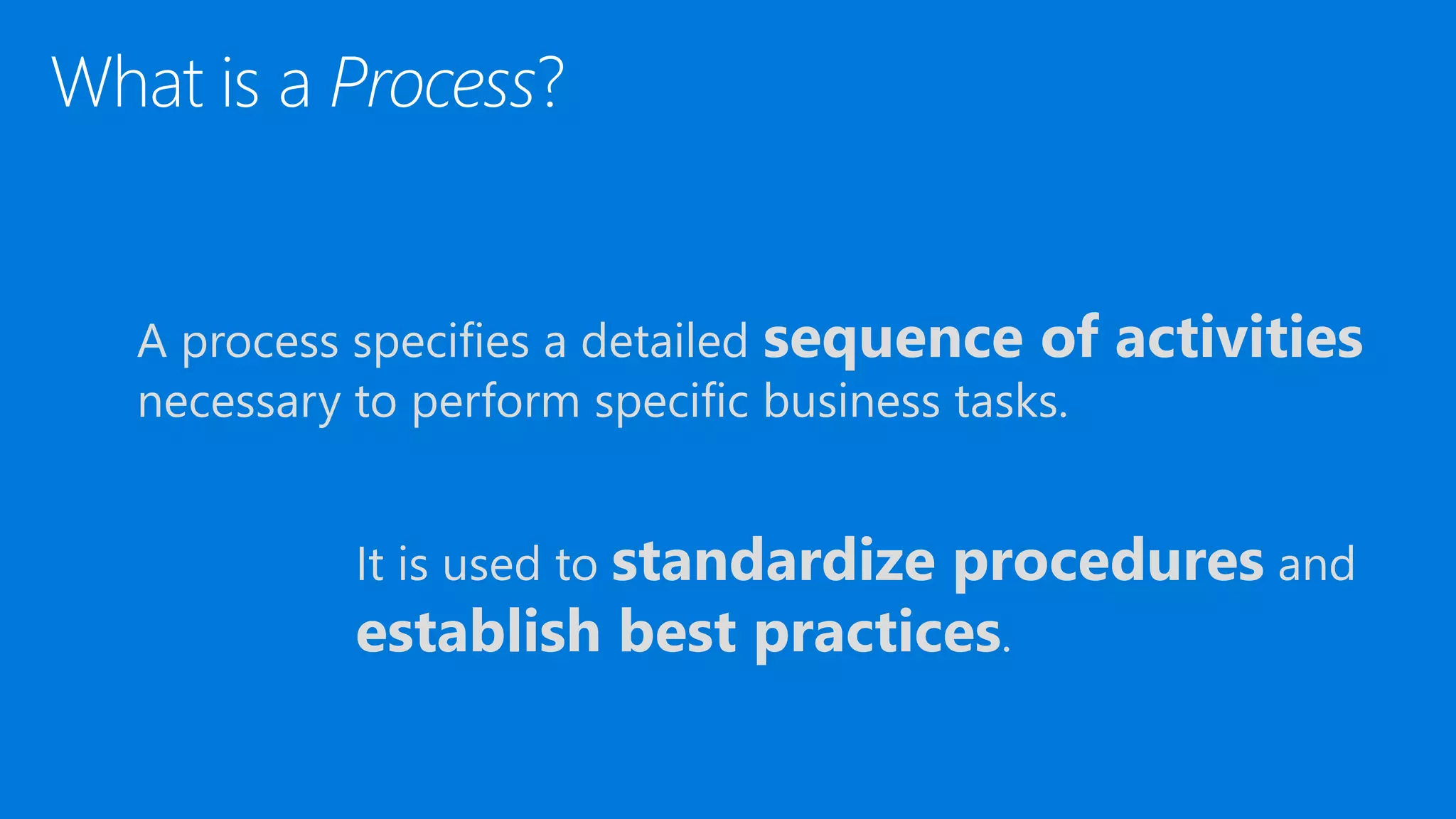 A process specifies a detailed sequence of activities
necessary to perform specific business tasks.
It is used to standardize procedures and
establish best practices.
 