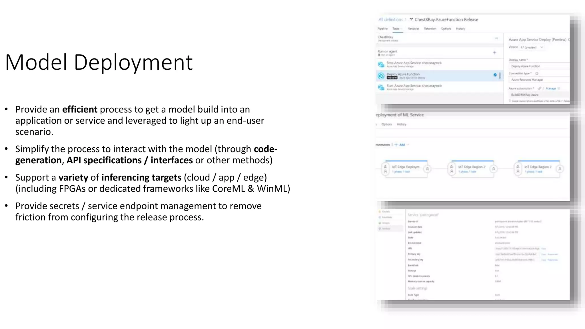 Model Deployment
• Provide an efficient process to get a model build into an
application or service and leveraged to light up an end-user
scenario.
• Simplify the process to interact with the model (through code-
generation, API specifications / interfaces or other methods)
• Support a variety of inferencing targets (cloud / app / edge)
(including FPGAs or dedicated frameworks like CoreML & WinML)
• Provide secrets / service endpoint management to remove
friction from configuring the release process.
 