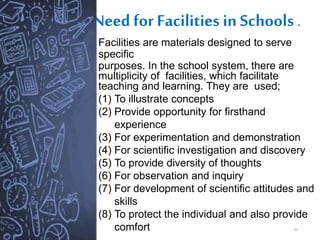 Need forFacilities in Schools .
33
Facilities are materials designed to serve
specific
purposes. In the school system, there are
multiplicity of facilities, which facilitate
teaching and learning. They are used;
(1) To illustrate concepts
(2) Provide opportunity for firsthand
experience
(3) For experimentation and demonstration
(4) For scientific investigation and discovery
(5) To provide diversity of thoughts
(6) For observation and inquiry
(7) For development of scientific attitudes and
skills
(8) To protect the individual and also provide
comfort
 