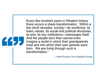 “”
Every few hundred years in Western history
there occurs a sharp transformation. Within a
few short decades, society—its worldview, its
basic values, its social and political structures,
its arts, its key institutions—rearranges itself.
And the people born then cannot even
imagine a world in which their grandparents
lived and into which their own parents were
born. We are living through such a
transformation.”
—Peter Drucker, Post Capitalist Society
 