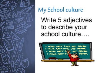 My School culture
Write 5 adjectives
to describe your
school culture….
 