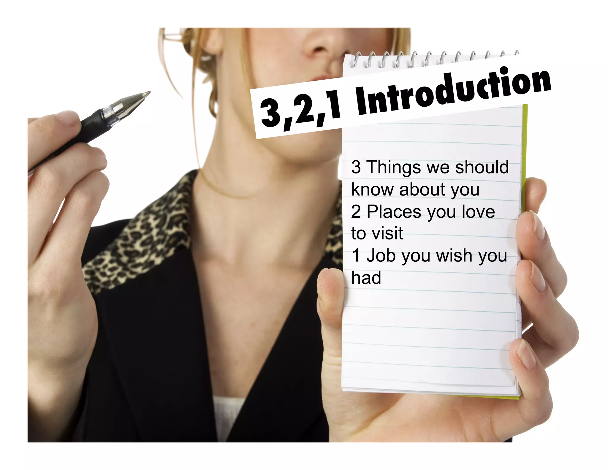 uction
Introd
3,2,1
3 Things we should
know about you
2 Places you love
to visit
1 Job you wish you
had

 