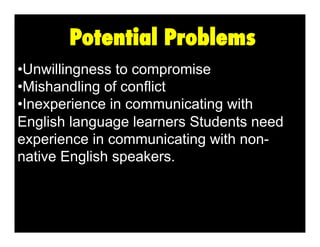 Potential Problems
•  nwillingness to compromise
U
•  ishandling of conflict
M
• nexperience in communicating with
I
English language learners Students need
experience in communicating with nonnative English speakers.

 