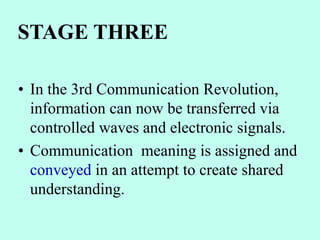 • In the 3rd Communication Revolution,
information can now be transferred via
controlled waves and electronic signals.
• Communication meaning is assigned and
conveyed in an attempt to create shared
understanding.
STAGE THREE
 