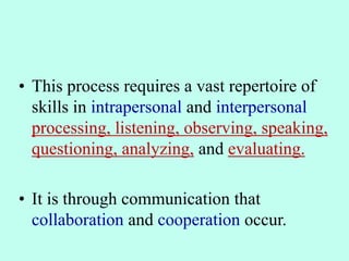 • This process requires a vast repertoire of
skills in intrapersonal and interpersonal
processing, listening, observing, speaking,
questioning, analyzing, and evaluating.
• It is through communication that
collaboration and cooperation occur.
 