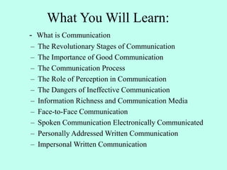 What You Will Learn:
- What is Communication
– The Revolutionary Stages of Communication
– The Importance of Good Communication
– The Communication Process
– The Role of Perception in Communication
– The Dangers of Ineffective Communication
– Information Richness and Communication Media
– Face-to-Face Communication
– Spoken Communication Electronically Communicated
– Personally Addressed Written Communication
– Impersonal Written Communication
 